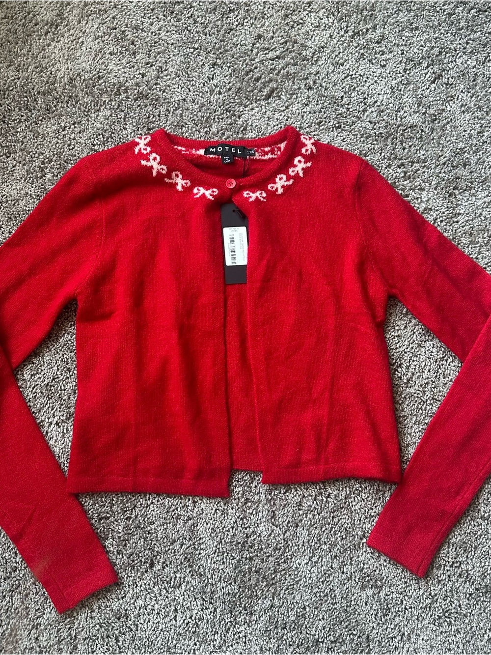 Motel Rocks Red Cropped Cardigan with White Bow Detail